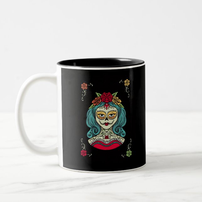 Beautiful Catrina Feliz Día de Muertos Zweifarbige Tasse (Links)