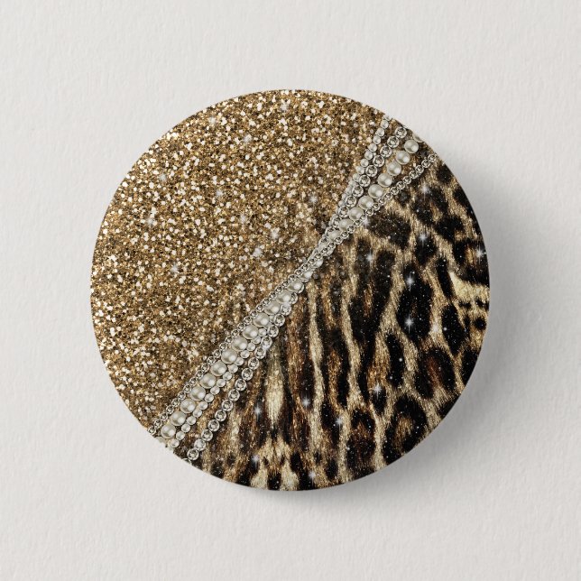 Beautiful Chic Girl Leopard Print Gold Glitzer Button (Vorderseite)