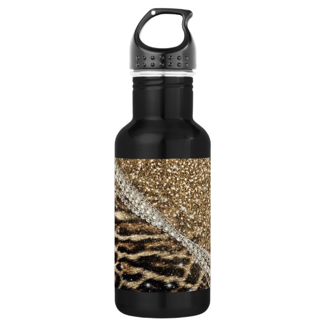 Beautiful Chic Girl Leopard Print Gold Glitzer Edelstahlflasche (Vorderseite)