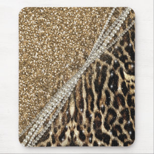 Beautiful Chic Girly Leopard Print Gold Glitter Mousepad