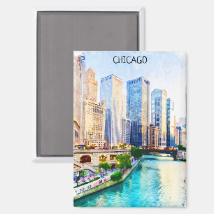 Beautiful Chicago Illinois Watercolor City View Magnet