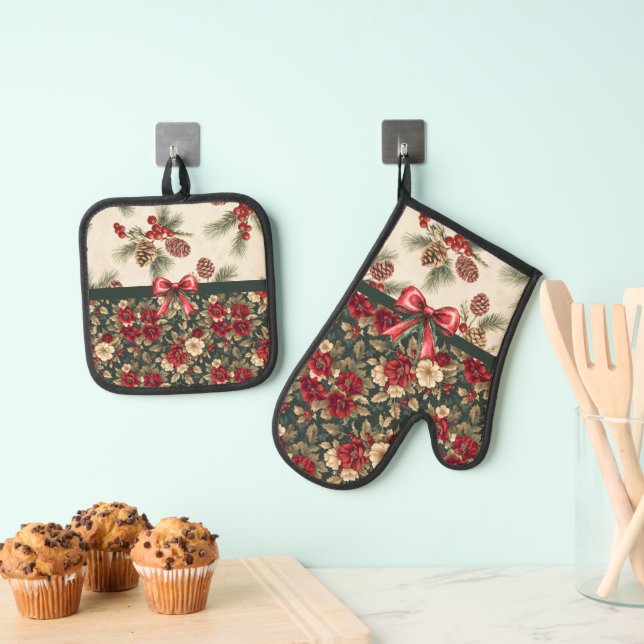 Beautiful Christmas Floral and Pine Cones Ofenhandschuh & Topflappen-Set (Insitu (Hängend))