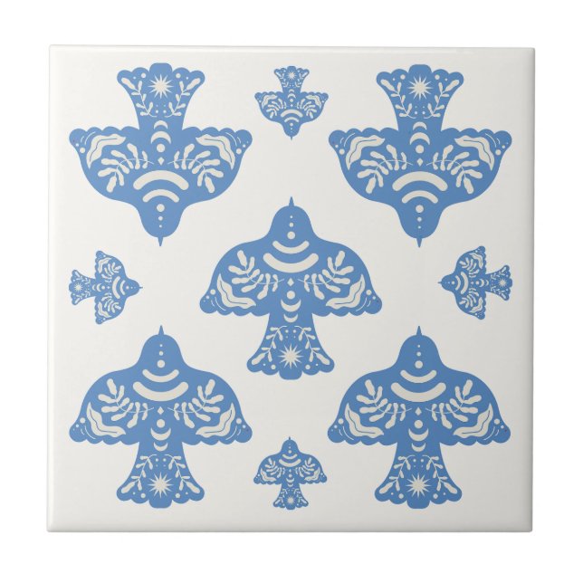 Beautiful classic folk art birds cream white Blue Fliese (Vorderseite)