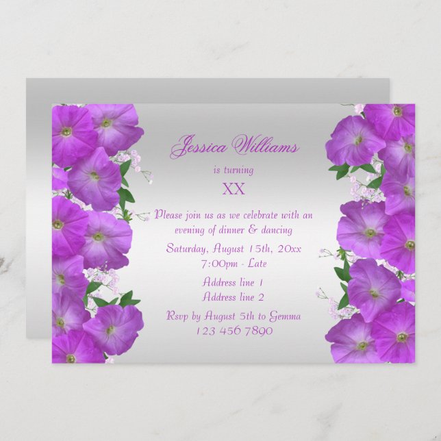 Beautiful Classiy Petunias Floral Birthday Einladung (Vorne/Hinten)