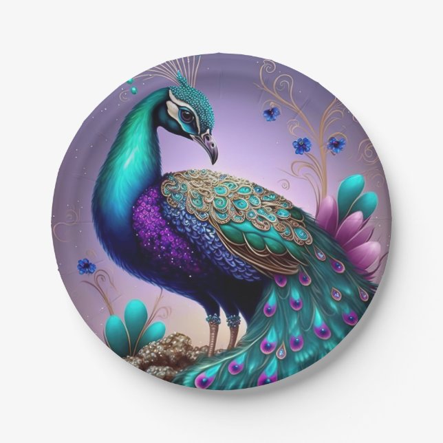Beautiful Colorful Peacock Pfau Bird Houses Pappteller (Vorderseite)