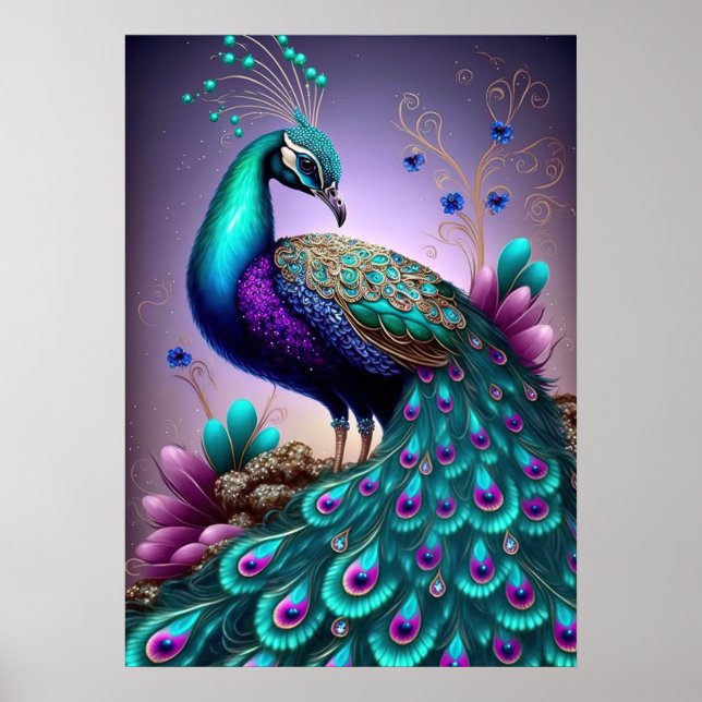 Beautiful Colorful Peacock Pfau Bird Houses Poster (Vorne)