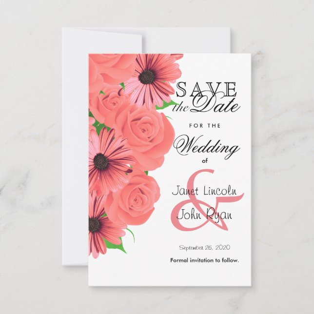 Beautiful Coral Rose & Daisy - Save the Date (Vorderseite)