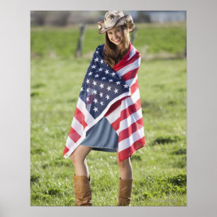 Beautiful cowgirl wrapped in American flag Poster