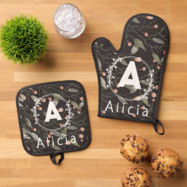 Beautiful Custom Initial Name Floral Muster Ofenhandschuh & Topflappen-Set