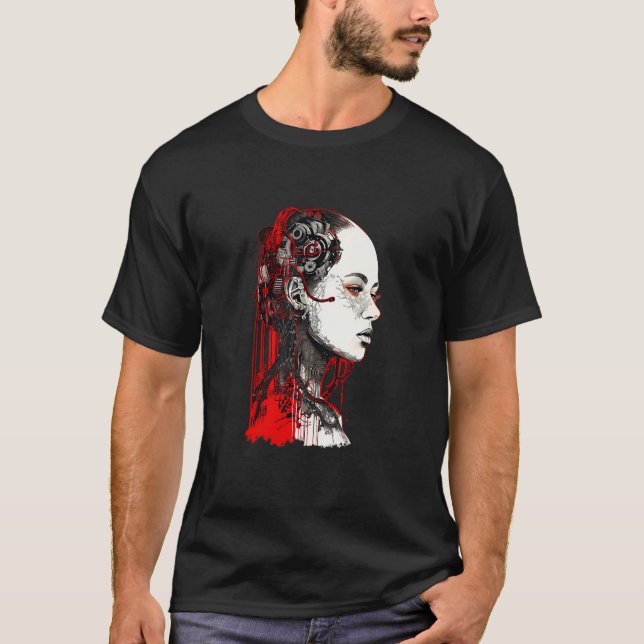 Beautiful Cyborg Gothic Woman Trash Polka Art T-Shirt (Vorderseite)