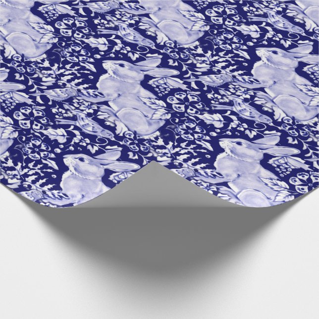 Beautiful Dark Blue & White Rabbit Dedham Delft Geschenkpapier (Ecke)