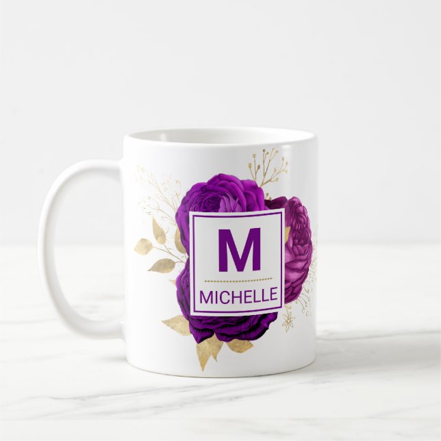 Beautiful Deep Lila and Gold Blume Monogram Kaffeetasse (Links)
