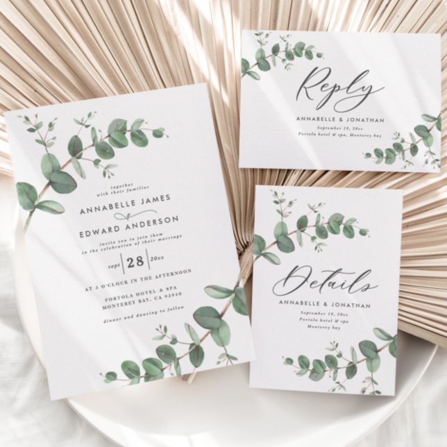 Beautiful delicate eucalyptus wedding details RSVP karte (Von Creator hochgeladen)
