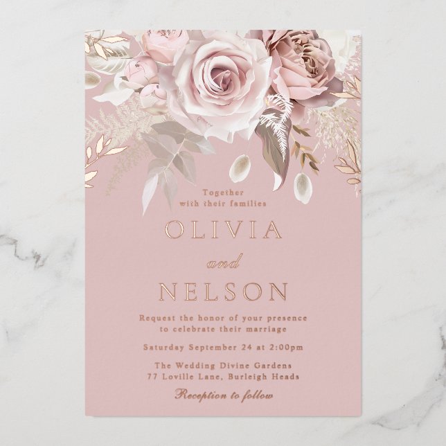 Beautiful Dusty Rose Wedding Rose Gold Folieneinladung (Vorderseite)