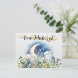Beautiful Eid Mubarak Watercolor Moon Foliage Gold Feiertagspostkarte