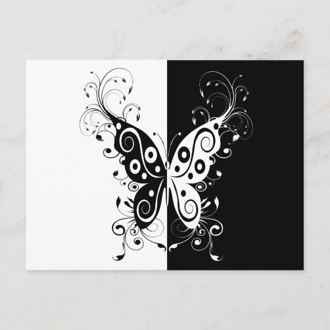Beautiful elegant black and white butterfly swirls postkarte (Vorderseite)