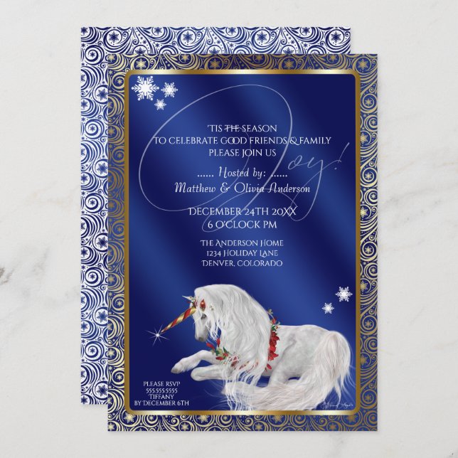 Beautiful Fantasy Christmas Unicorn Joy Blue Einladung (Vorne/Hinten)