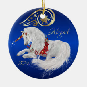 Beautiful Fantasy Christmas Unicorn Joy Blue Keramik Ornament