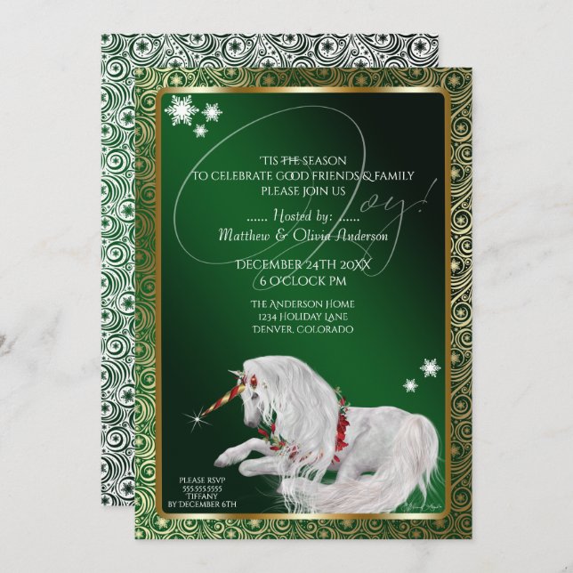 Beautiful Fantasy Christmas Unicorn Joy Green Einladung (Vorne/Hinten)