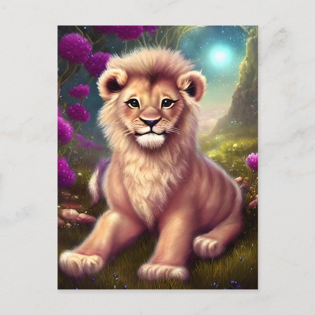 Beautiful Fantasy Niedlich Kawaii Lion Cub Postkarte (Vorderseite)