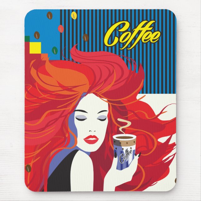 "Beautiful Fashion Woman with Coffee Cup" Pop Art Mousepad (Vorne)