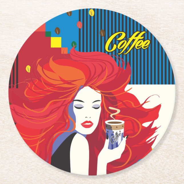 "Beautiful Fashion Woman with Coffee Cup" Pop Art Runder Pappuntersetzer (Vorderseite)