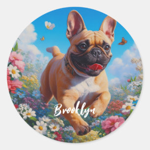 Beautiful Fawn French Bulldog & Blume Runder Aufkleber