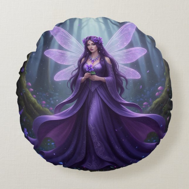 Beautiful February Amethyst Fairy Rundes Kissen (Vorderseite)