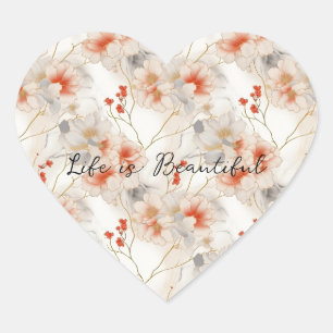 Beautiful Feminine Peach Red White Floral Herz-Aufkleber