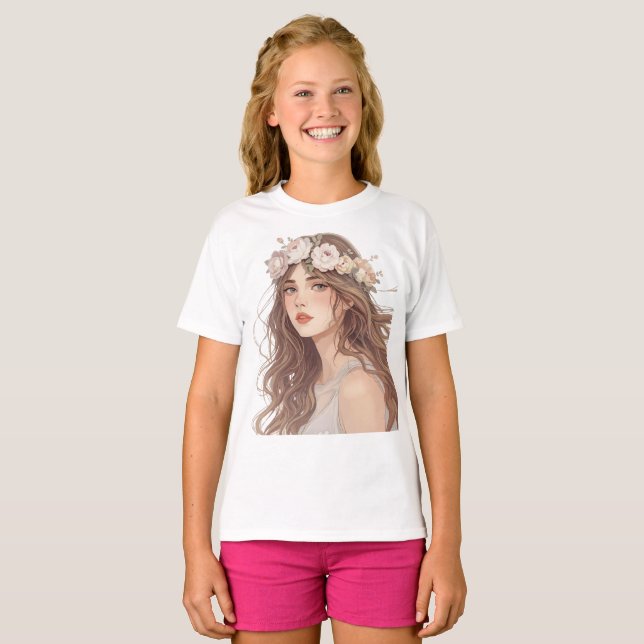 Beautiful Floral Anime Girl – Soft Pastel Aesthe T-Shirt (Vorne ganz)