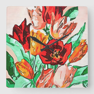 Beautiful Floral Bouquet Tulips Kontur Quadratische Wanduhr