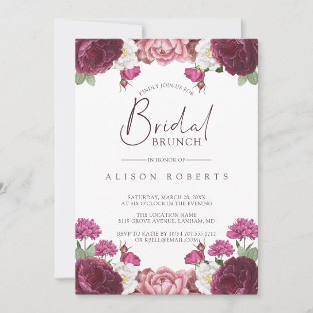Beautiful Floral Burgundy Bridesmaids Brunch Einladung (Vorderseite)