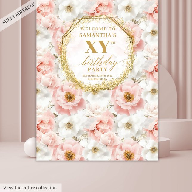 Beautiful Floral Geburtstag Foto Booth Banner Wandteppich (Beautiful Blush Floral Birthday Photo Booth Banner Tapestry)