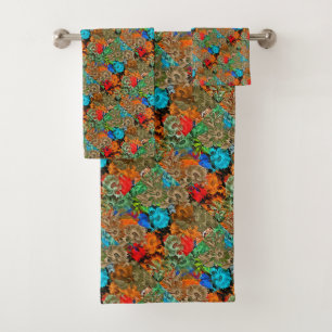 Beautiful Floral mehrfarbiges Muster Red Blue Badhandtuch Set