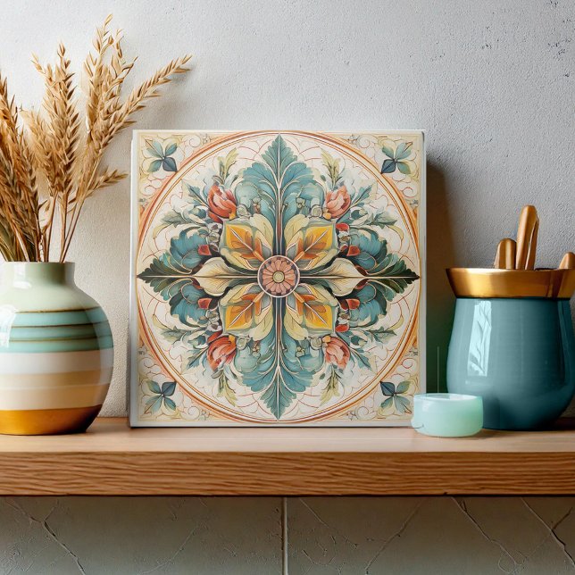 Beautiful Floral Tile Pat#15 Aquamarin Gelb ID1078 Fliese (Von Creator hochgeladen)