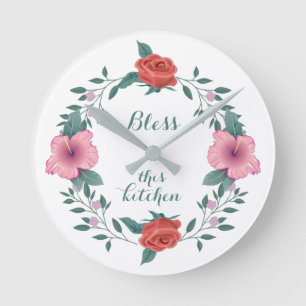 Beautiful Flowers, Bless this Kitchen Runde Wanduhr