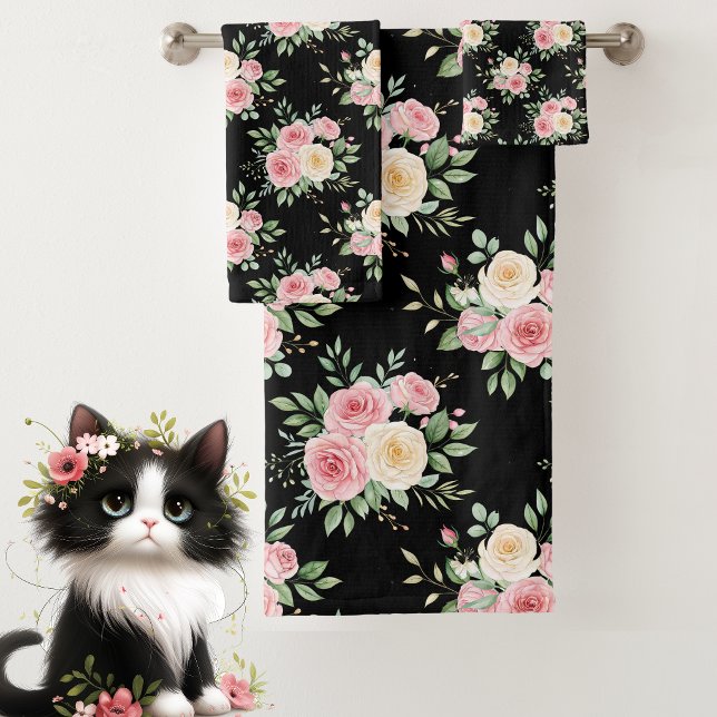 Beautiful Flowers in Pastel Color on Black Badhandtuch Set (Von Creator hochgeladen)