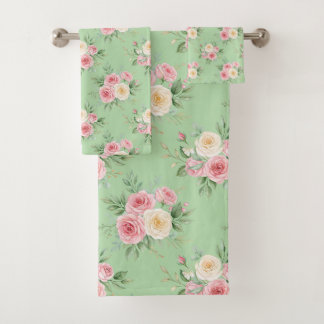 Beautiful Flowers in Pastel Color on Pale Green Badhandtuch Set