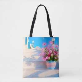 Beautiful flowers on white steps Tote Bag