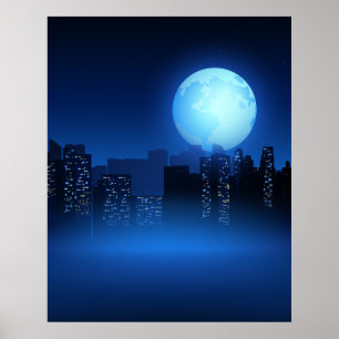 Beautiful Full Moon at Night on Citycape Poster