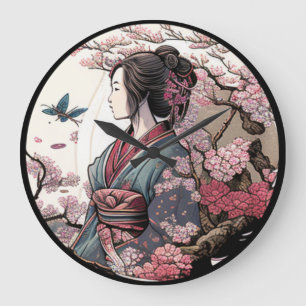 Beautiful Geisha Geiko Geigi Cherry Blossom Sakura Große Wanduhr