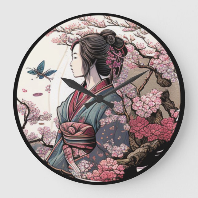 Beautiful Geisha Geiko Geigi Cherry Blossom Sakura Große Wanduhr (Vorderseite)