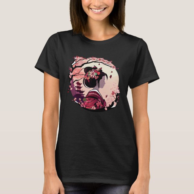 Beautiful geisha lady cherry blossom flowers pagod T-Shirt (Vorderseite)