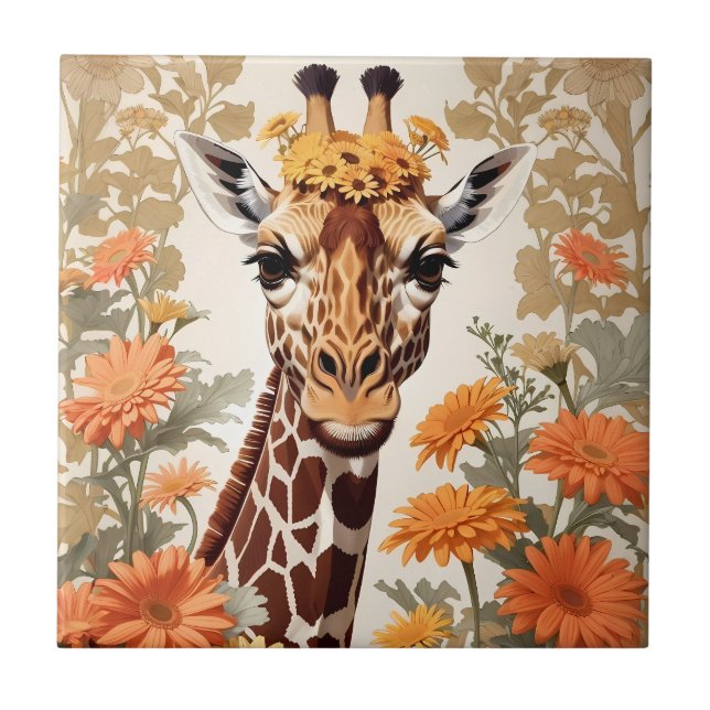 Beautiful Giraffe und Gerbera Daisy Blume Fliese (Vorderseite)