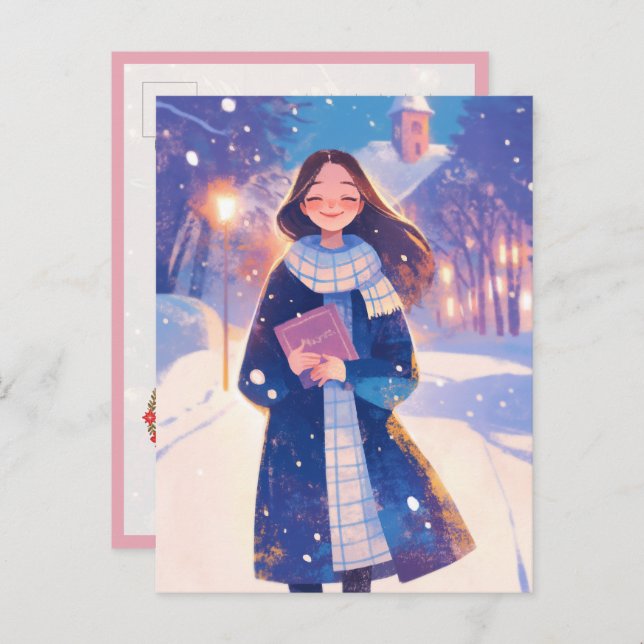 Beautiful Girl Walking on Winter Street Postkarte (Vorne/Hinten)