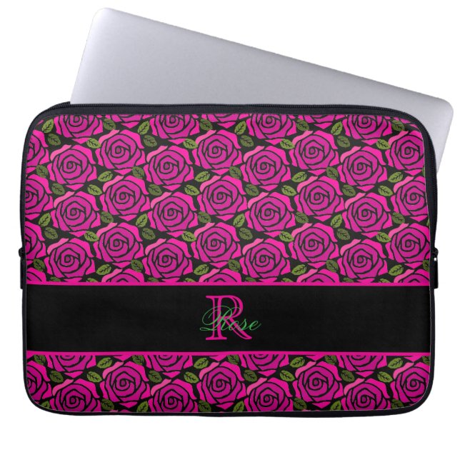 Beautiful Girly Hot Pink Roses Name Monogram  Laptopschutzhülle (Vorderseite)