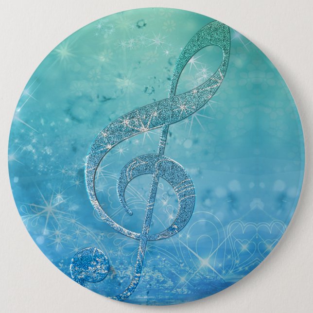 Beautiful Glittery Blue Musiknote Treble Clef Button (Vorderseite)