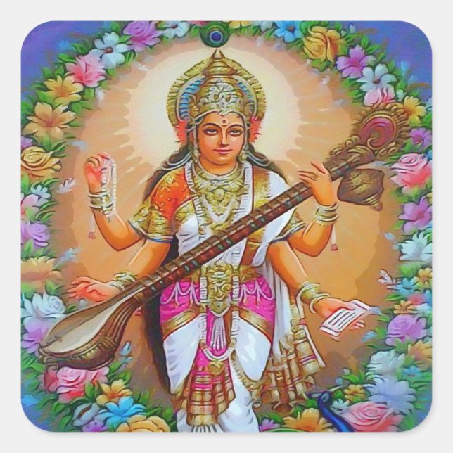 Beautiful Goddess Saraswati Quadratischer Aufkleber (Vorderseite)