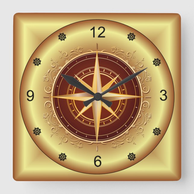 Beautiful Gold & Maroon Compass ~ Quadratische Wanduhr (Vorderseite)
