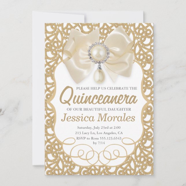 Beautiful Gold Quinceanera Feier Einladung (Vorderseite)